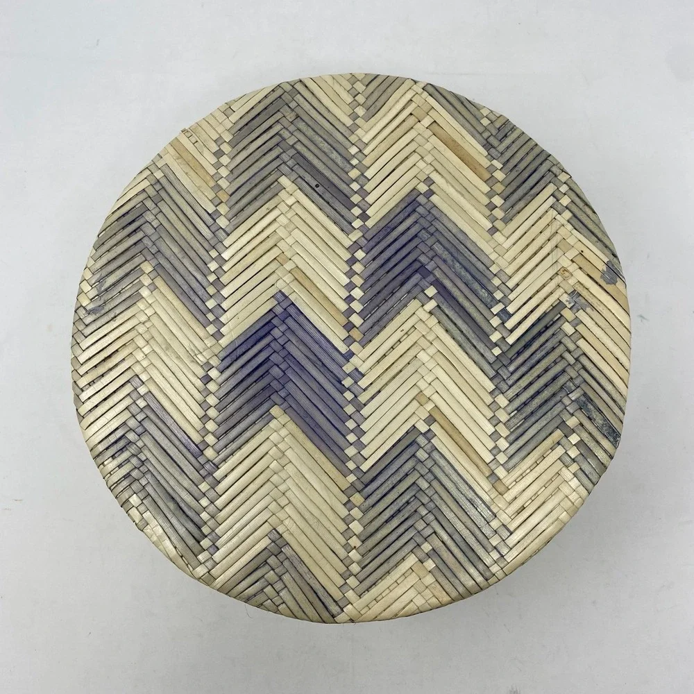Anthropologie Woven Container Round‎ Bamboo Lid Blue Chevron Stripe Indonesia
